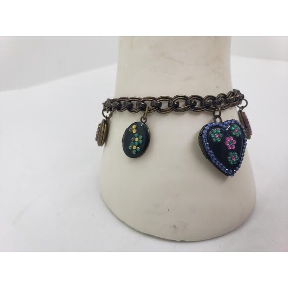 Puffy Heart Charm Bracelet Brass Tone Enamel Decor Teardrop 7 Locket Charms - Picture 2 of 14